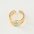 Detail eines böhmischen Goldrings mit hohlen Schnitzereien und rundem Türkis-Stein - Einstellbar Offen / Sonne Hohl Blauer Stein