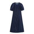 Flach liegendes dunkelblaues Denim-Midikleid mit kurzen Puffärmeln und rundem Halsausschnitt - XS / Dunkelblau