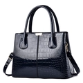 Glossy black faux crocodile leather handbag with top handles and adjustable strap for women - Dark Blue