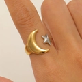 Irregular mixed metal ring featuring a golden matte moon and silver polished star accent - 18K Gold Star-Moon Contrast (44612)