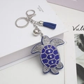 Blue turtle rhinestone keychain with fringe tassel and silver metal keyring and lobster clasp - Royal Blue