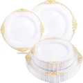White disposable plates with gold rim relief pattern stacked set for parties - Diameter 19cm / 7.5 Inch White Gold Rim Plate