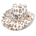 Cappello da cowboy leopardato in peluche con nastro intrecciato e fibbia in metallo - M (56-58cm) / Corona a Cuore Bianca
