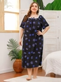 Plus size black nightdress with blue floral print and white lace square neckline - XL / Black Royal Blue Floral