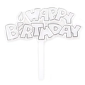 Silver Happy Birthday cake topper with candle icon on white plastic background - No.14 Silver
