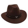 Detailed view of brown felt cowboy hat with gold studs and metal bull skull ornament - Kids One Size(52-54cm) / Coffee (Bull Head)
