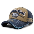 Retro distressed baseball cap with Rock Shark 1969 embroidery in tan and navy blue - Coffee Top Blue Brim