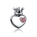 Polished silver heart charm with pink zircon stones and crown top for DIY bracelets - Heart Crown