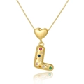 Close-up of golden heart pendant with letter L and multicolored cubic zirconia stones - L