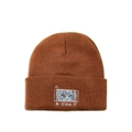 Detail of brown knit beanie showing white anime eye embroidery and Japanese text - M (56-58cm) / Caramel