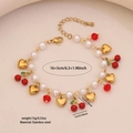 Bracciale ciliegia e perle in acciaio inossidabile dorato con perline rosse e cuore - Stile Ciliegia
