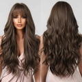 Front and back view of long wavy dark brown wig with bangs and voluminous curls - Dark Brown (lc2088-2)