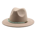 Detail of bohemian turquoise beads and vintage gold chain on a beige wool fedora hat - M (56-58cm) / Light Purple Grey