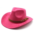 Detail of rose pink suede western cowboy hat with brown leather band and metallic buckle - M(56-59CM) / Rose Red (Suede)