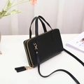 Petit sac à bandoulière noir à deux couches avec doubles fermetures éclair et glands - Double Couche / Noir
