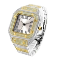 Close-up of luxury square men's watch with Roman numerals and iced-out diamond bezel - Gold-Silver White