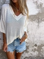 Weißes V-Ausschnitt-Strickoberteil mit Lochmuster, weiten Schultern und Textur - 3XL / Cremeweiß