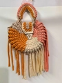 Handmade multicolored crochet bag with tassels and mixed fabric yarn details - Orange Pink and Gray Patchwork Tassel Style
