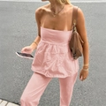 Pink strapless tube top with ruffled hem and matching straight trousers set for women - XS / Pink