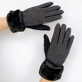 Dark grey winter gloves with faux fur cat ear cuffs and touchscreen non-slip palms - One Size / Black Houndstooth