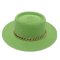 Detail of green straw boater hat featuring a thick gold metal chain decorative band - One Size / Green (with Acrylic Chain Decor)