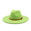 Close-up of fluorescent green wool fedora with a textured brown leather band detail - M (56-58cm) / Fruit Green