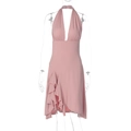 Detail of pink halter neck dress featuring deep V-neckline and ruffled asymmetric hemline - S / Pink