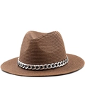 Brown straw Fedora hat with decorative silver chain link band for outdoor sun protection - Coffee