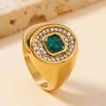 Gold signet ring featuring a green rectangular gemstone with a sparkling diamond halo - 6 / Gold (Micro-Pave + Green Gemstone)
