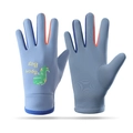 Blue winter ski gloves for kids featuring a green dinosaur print and orange fingertips - Dinosaur Blue
