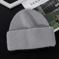 Thick grey rabbit fur knit beanie for women with warm double-layer plush rib texture - M (56-58cm) / Medium Grey