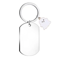 Polished silver military tag keychain with cute ghost charm for DIY laser engraving - White Ghost Charm