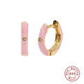 Detailed macro view of pink enamel S925 sterling silver hoop earrings with small diamond - Light Pink