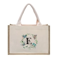 Beige linen tote bag with pink handles featuring a floral letter E and colorful butterflies - Butterfly Floral Letter E