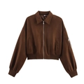 Chaqueta de aviador de ante marrón oscuro con cuello de solapa y cremallera frontal - S / Negro