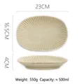 Beige oval handmade ceramic salad plate with radial texture, top and side views - Chrysanthemum Plate