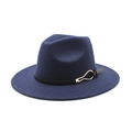 Cappello fedora classico blu navy in lana a tesa larga con fascia in pelle e fibbia oro - M (56-58cm) / Blu navy