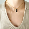 Golden bead chain necklace with black rectangular pendant featuring Good LUCK engraving - Gold Necklace-50cm