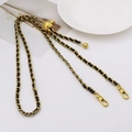 Gold metal and black leather woven bag strap with adjustable ball slide buckle - Black Leather Gilded Chain + Grid Gold Ball
