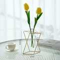 Modern geometric gold metal frame vase with glass tube and yellow tulips for tabletop decor - Short Rhombus Vase + 2 Yellow Tulips / Gold