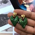 Vintage gold heart earrings with green enamel and glitter detail, size 20.5x32.7mm - Green Heart Style (BM97 Silver Post Earrings)