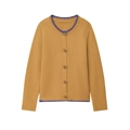 Kamelfarbene Strickjacke mit blauen Häkelkanten und Holzknöpfen in Flachlage - XS / Outerwear / Camel