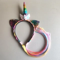 Close-up of unicorn headband with sequined ears and colorful long synthetic rainbow wig - Colorful Straight