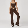Ensemble de yoga marron avec haut licou et pantalon évasé à taille croisée haute - S / Haut et Bas (5009/8843) / Ensemble Pantalon Évasé / Café Foncé