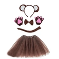 Brown monkey costume set with round ears headband, tutu skirt, tail, and paw gloves - White Patch 5-Piece Costume Set