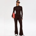 Chocolate brown two-piece yoga set with side stripes and slim fit zip jacket - S / Dark Coffee (Yoga Jacket + Flare Pants)