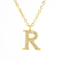 Detail of gold letter R pendant featuring premium sparkling white cubic zirconia inlay - Letter R / Gold