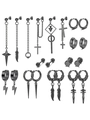 Matte black punk earring set with gothic cross, sword, and feather pendants for women - Black Matte Sword Feather Set (36040)