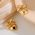 Golden bow and heart earrings in polished titanium steel with 18k gold plating - Gold Bow Heart Stud Earrings