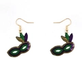 Mardi Gras mask earrings with sparkling purple, green, and gold sequins on white background - Mardi Gras Mask Earrings Style B (1 Pair)